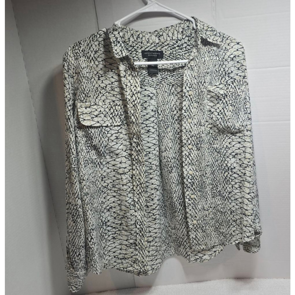 Women's Investments Petites Button Down Shirt PS Black White Snake Print